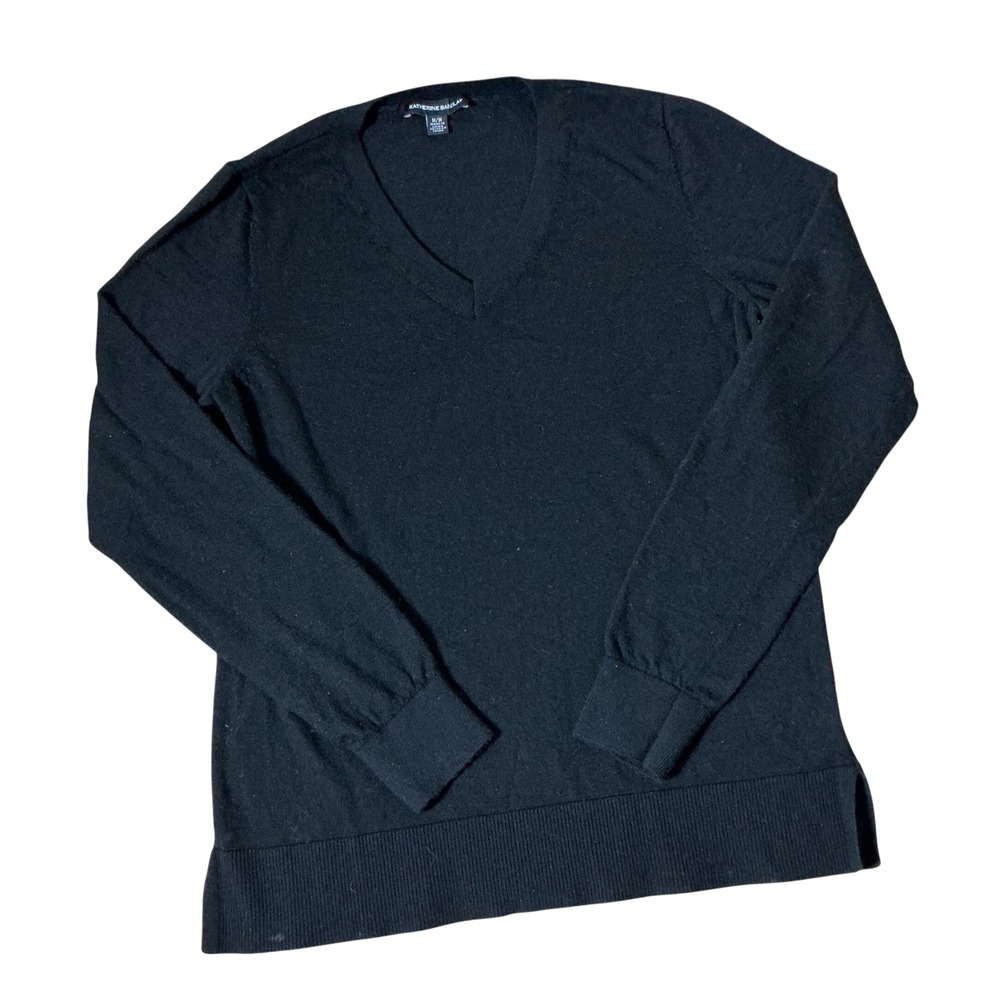 Katherine Barclay Merino Wool V-Neck Sweater Womens M Black CU9902-4109 Knit Top